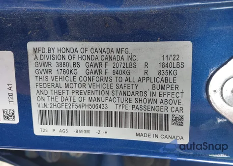 2023 Honda Civic Sport из США, поврежденный, VIN 2HGFE2F54PH506433